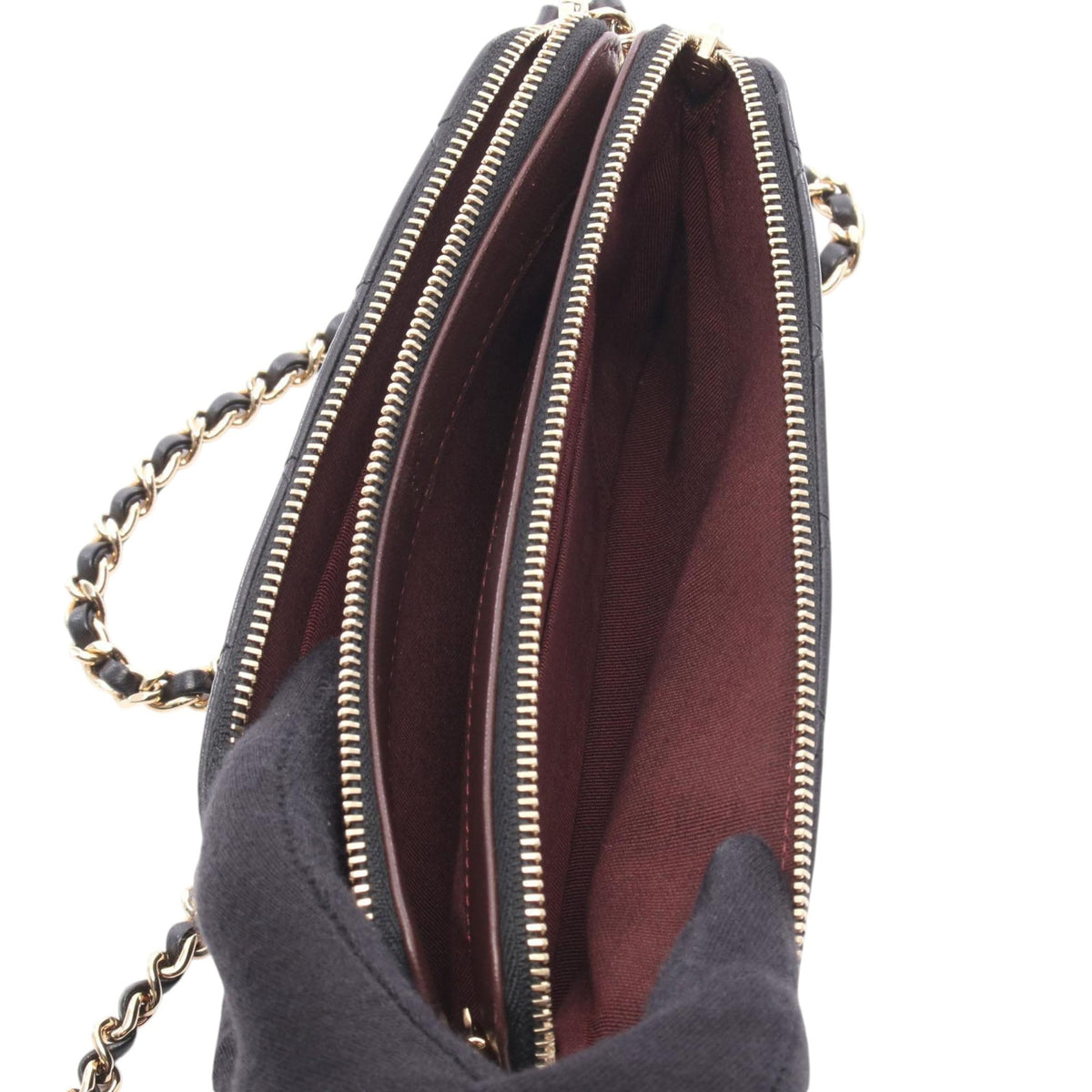 Chanel CC Quilted Lambskin Double Zip Clutch With Chain