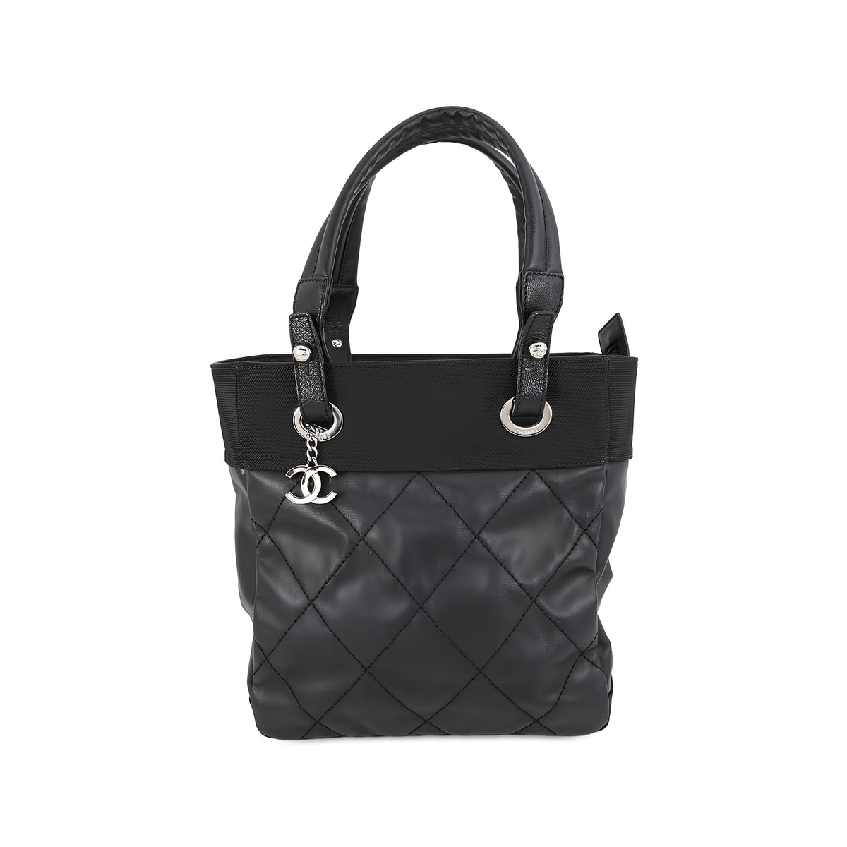 Chanel Small Quilted Coated Canvas Paris Biarritz Tote — Black