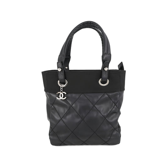 Chanel Small Quilted Coated Canvas Paris Biarritz Tote — Black
