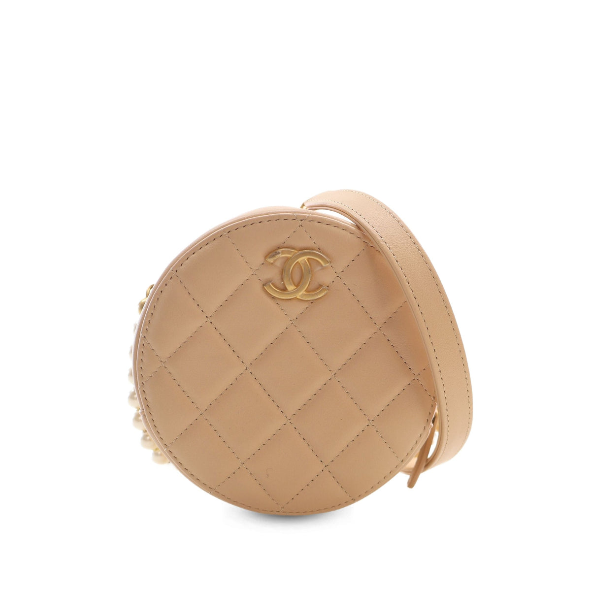 Chanel Quilted Lambskin About Pearls Round Clutch with Chain — Beige