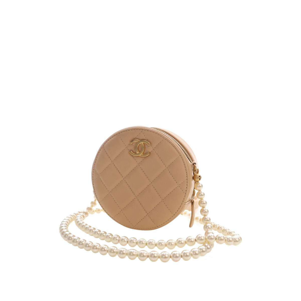 Chanel Quilted Lambskin About Pearls Round Clutch with Chain — Beige