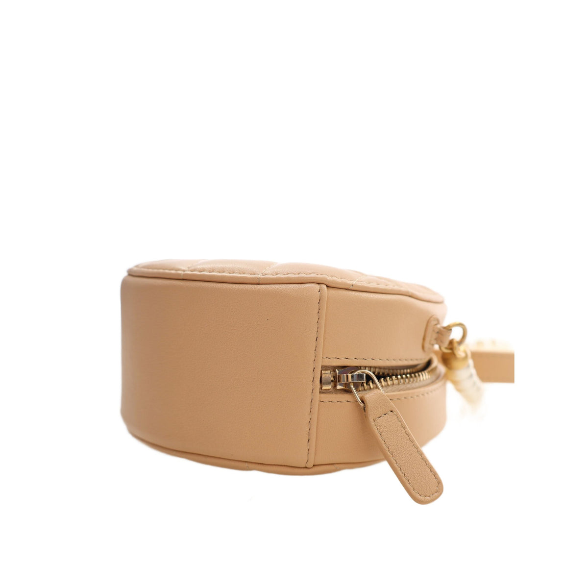 Chanel Quilted Lambskin About Pearls Round Clutch with Chain — Beige