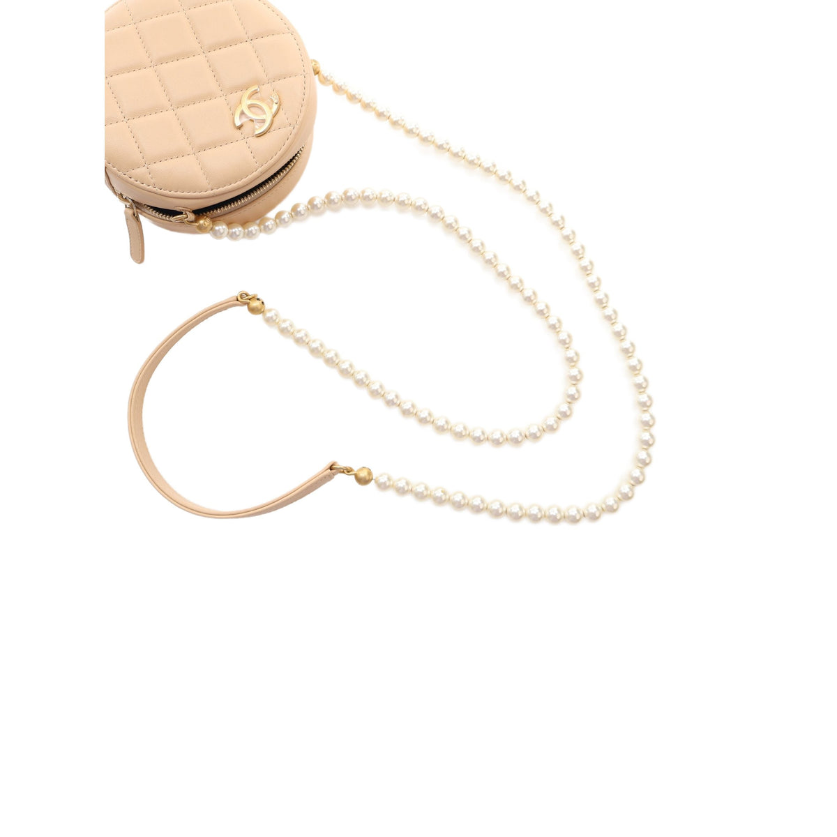 Chanel Quilted Lambskin About Pearls Round Clutch with Chain — Beige