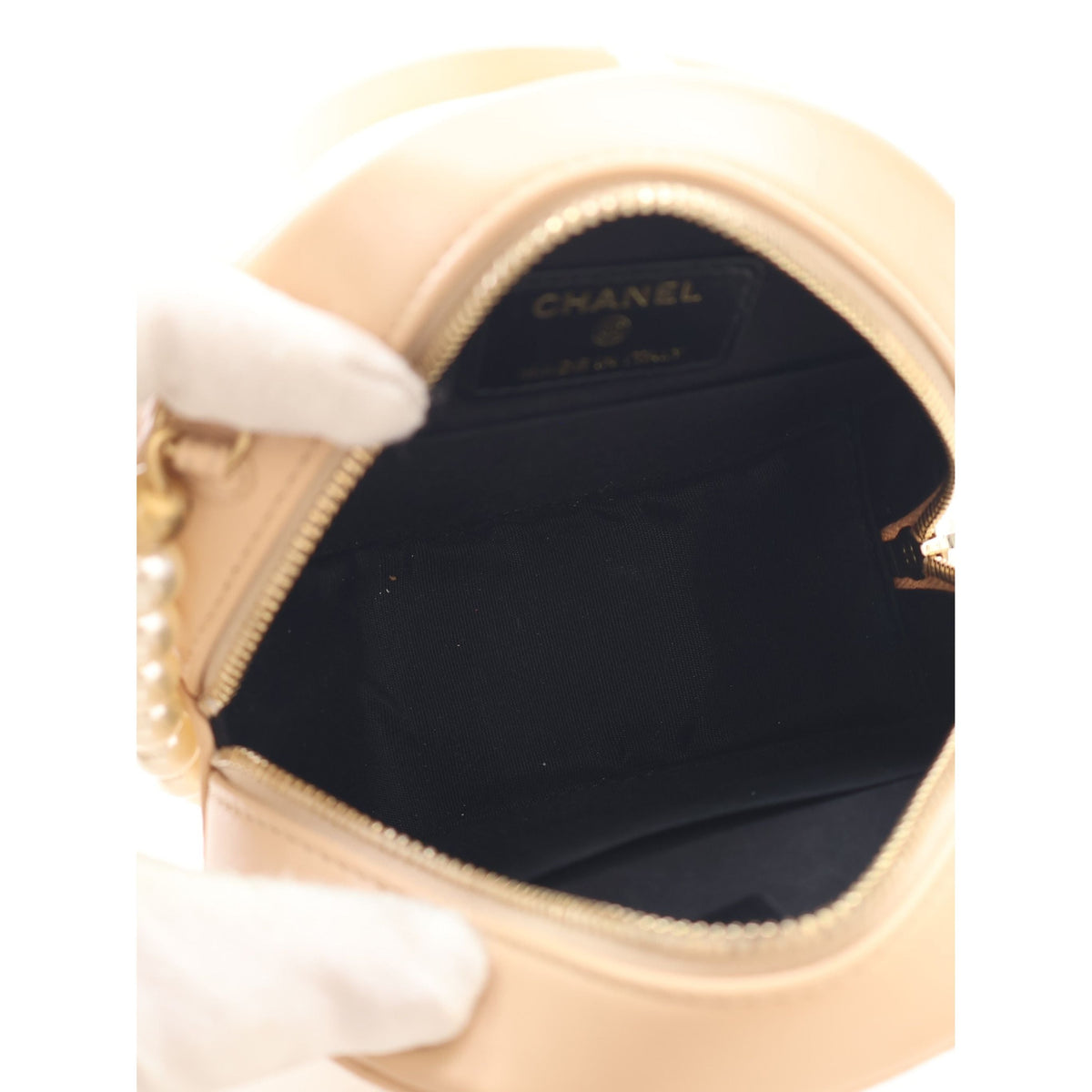 Chanel Quilted Lambskin About Pearls Round Clutch with Chain — Beige