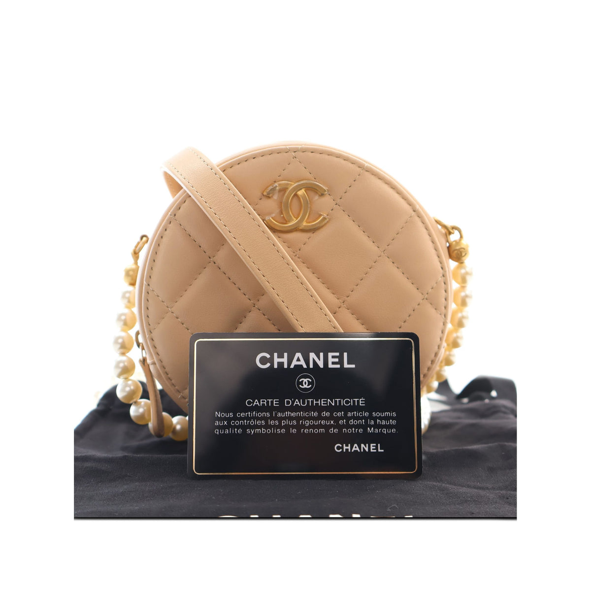 Chanel Quilted Lambskin About Pearls Round Clutch with Chain — Beige