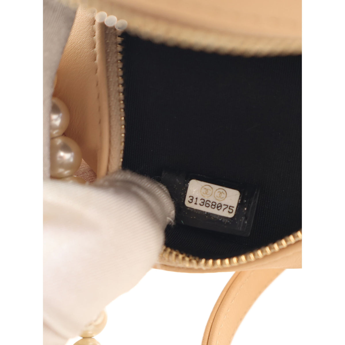 Chanel Quilted Lambskin About Pearls Round Clutch with Chain — Beige