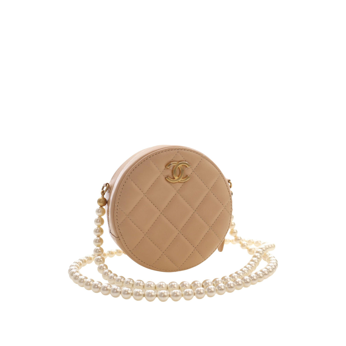 Chanel Quilted Lambskin About Pearls Round Clutch with Chain — Beige