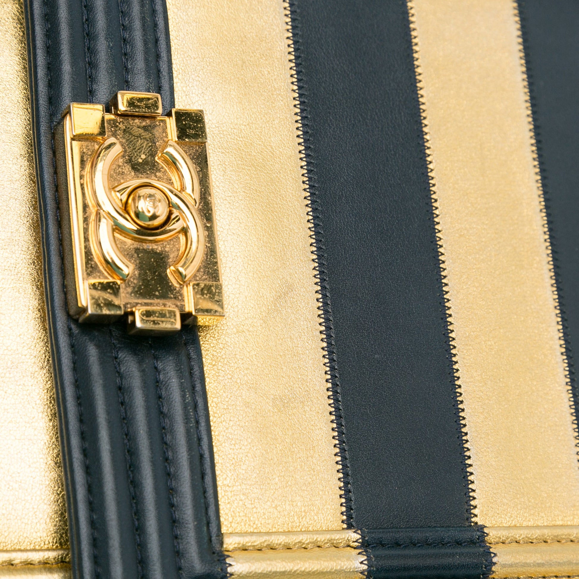 Chanel Paris New York Metallic Lambskin Striped North South Boy Flap
