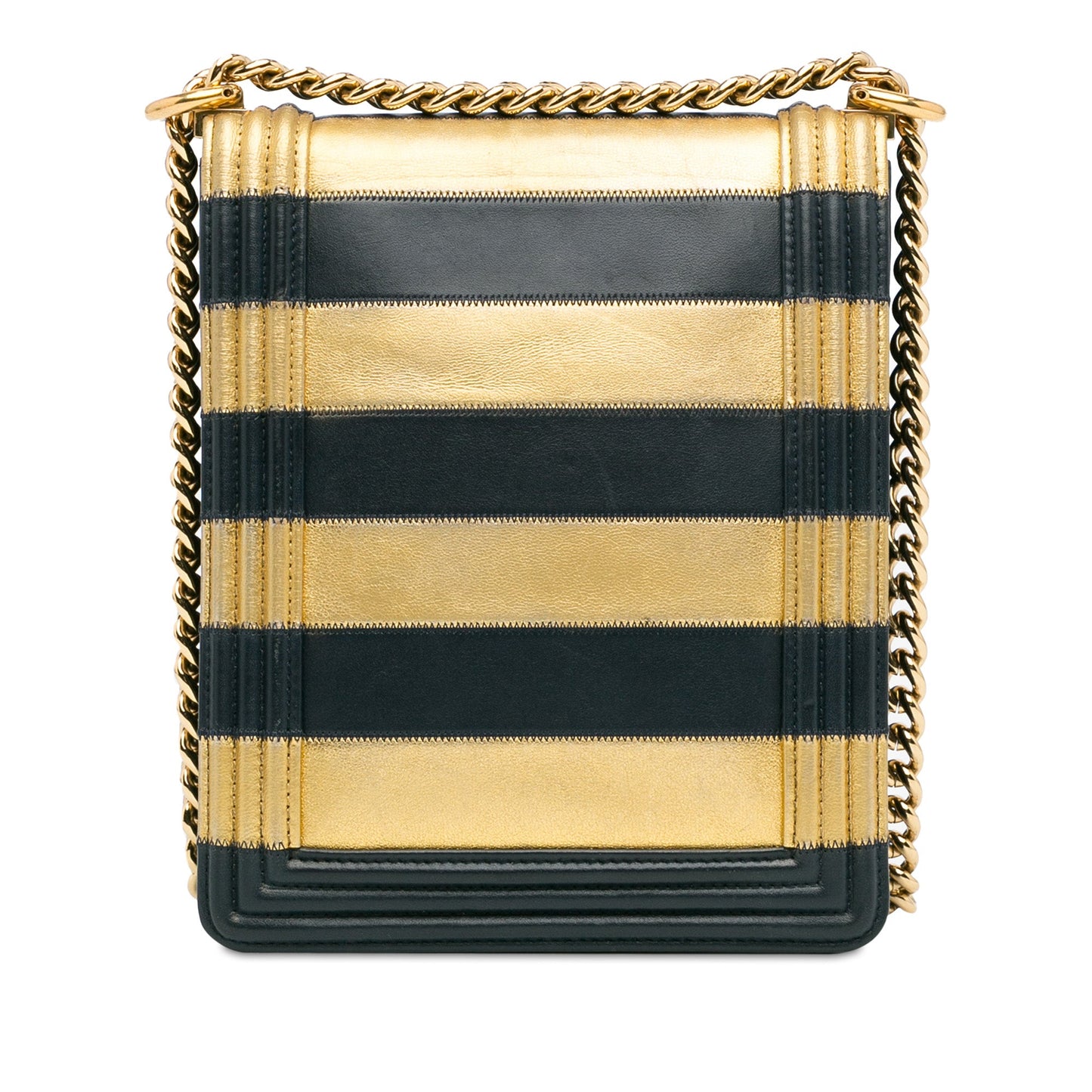 Chanel Paris New York Metallic Lambskin Striped North South Boy Flap