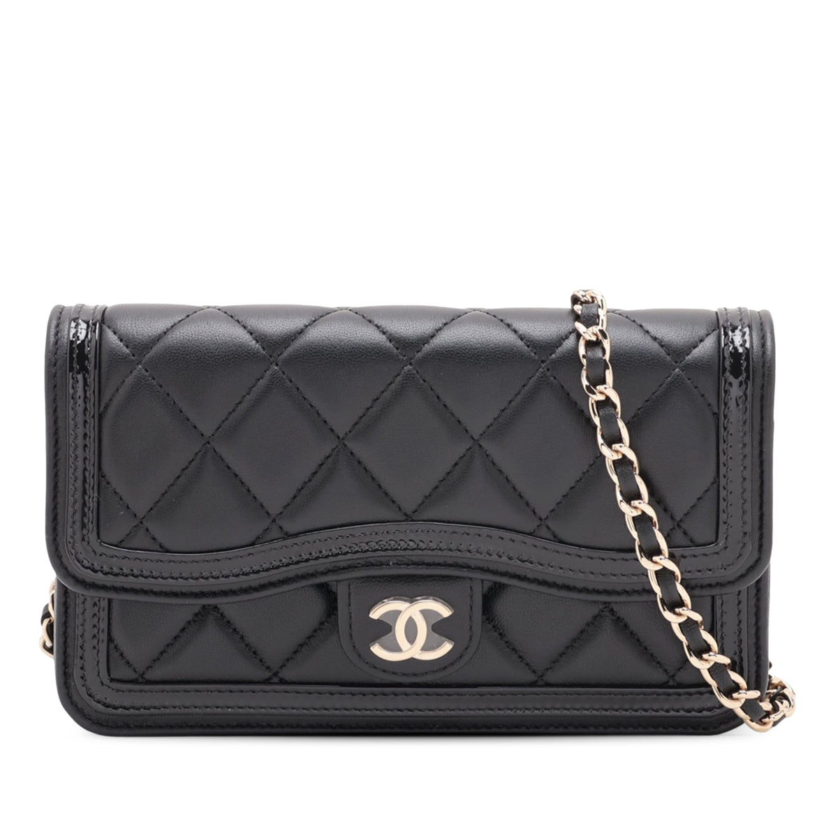 Chanel CC Quilted Lambskin and Patent Wallet on Chain — Black