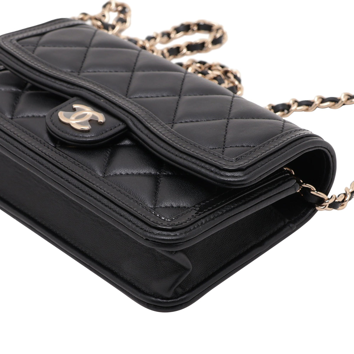 Chanel CC Quilted Lambskin and Patent Wallet on Chain — Black