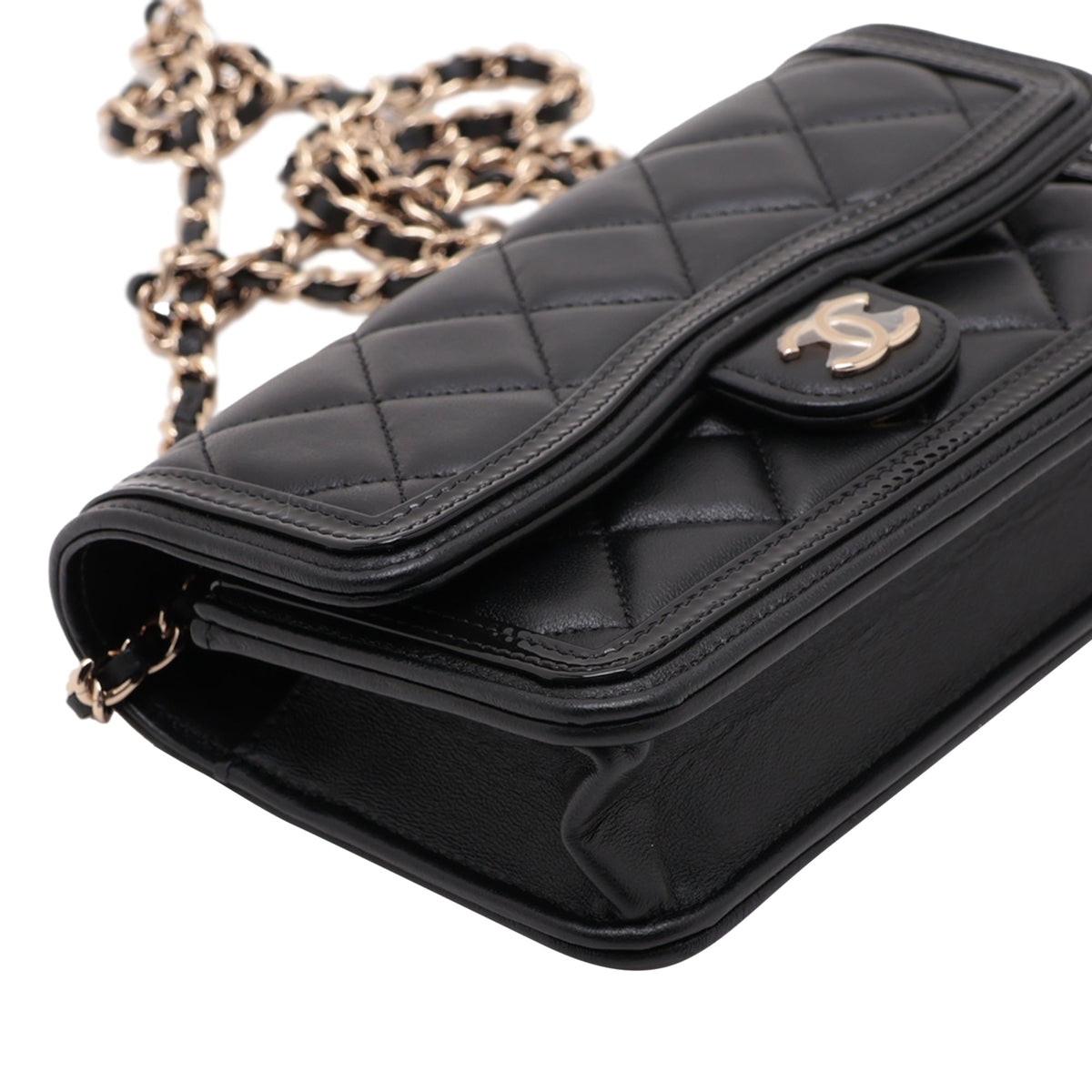 Chanel CC Quilted Lambskin and Patent Wallet on Chain — Black
