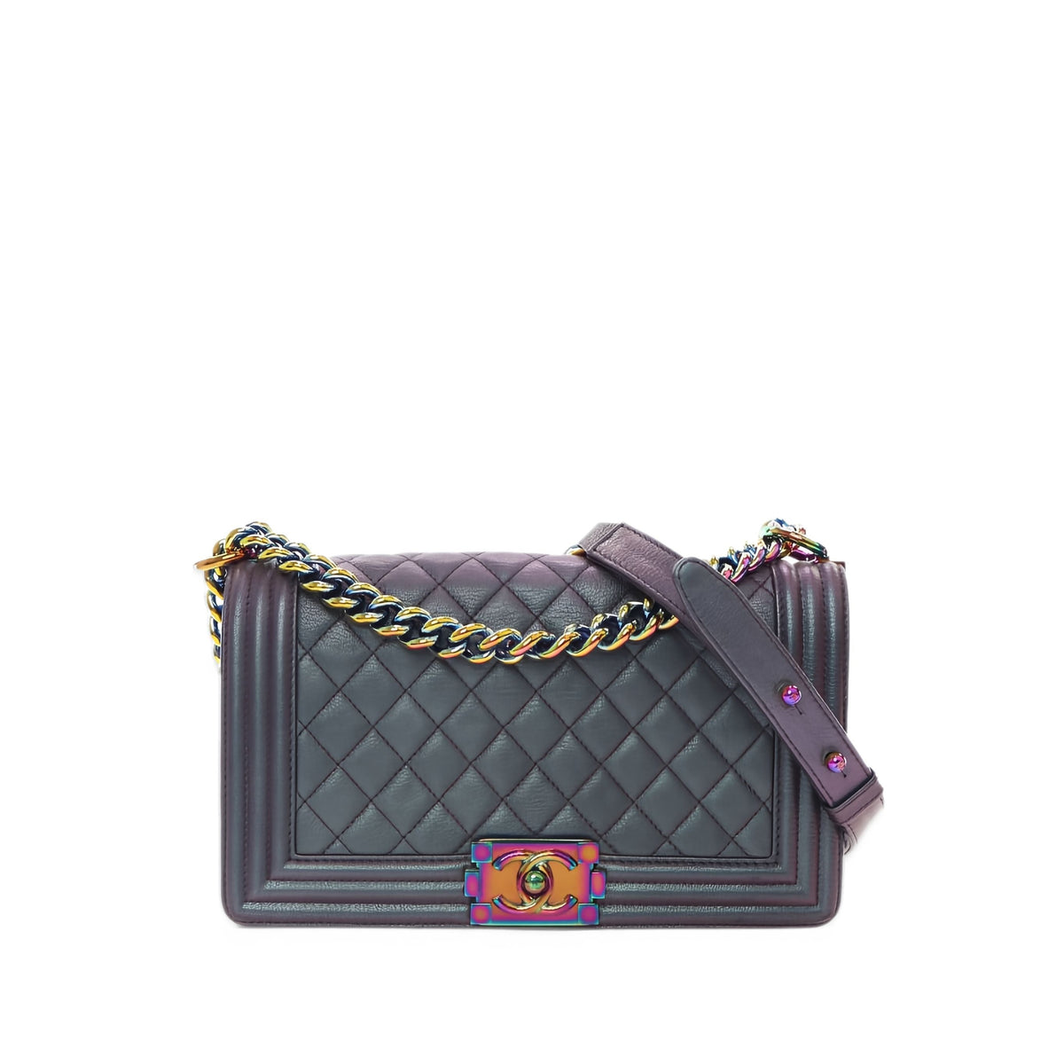 Chanel Old Medium Quilted Iridescent Goatskin Rainbow Hardware Boy Flap — Purple