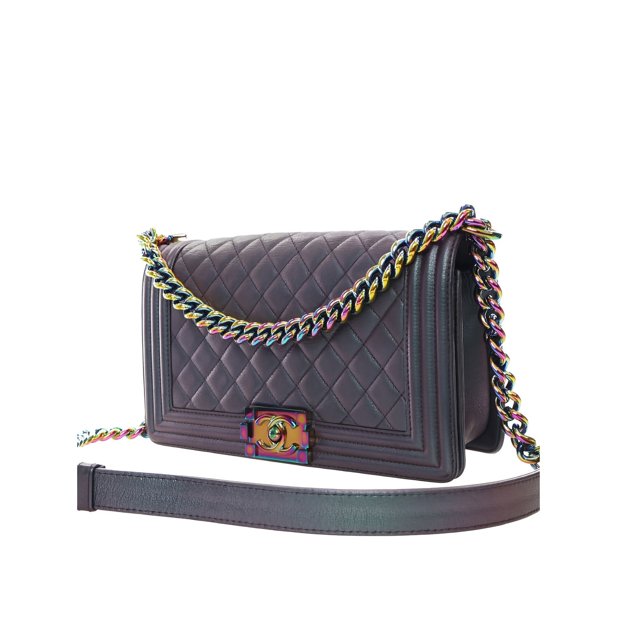 Chanel Old Medium Quilted Iridescent Goatskin Rainbow Hardware Boy Flap — Purple