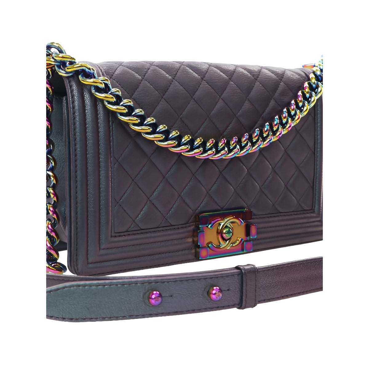 Chanel Old Medium Quilted Iridescent Goatskin Rainbow Hardware Boy Flap — Purple