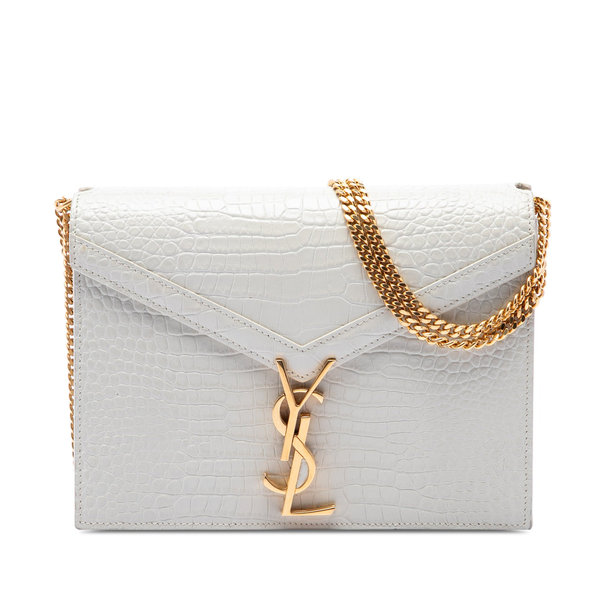 Saint Laurent Croc Embossed Leather Monogram Cassandra Clasp Bag — White