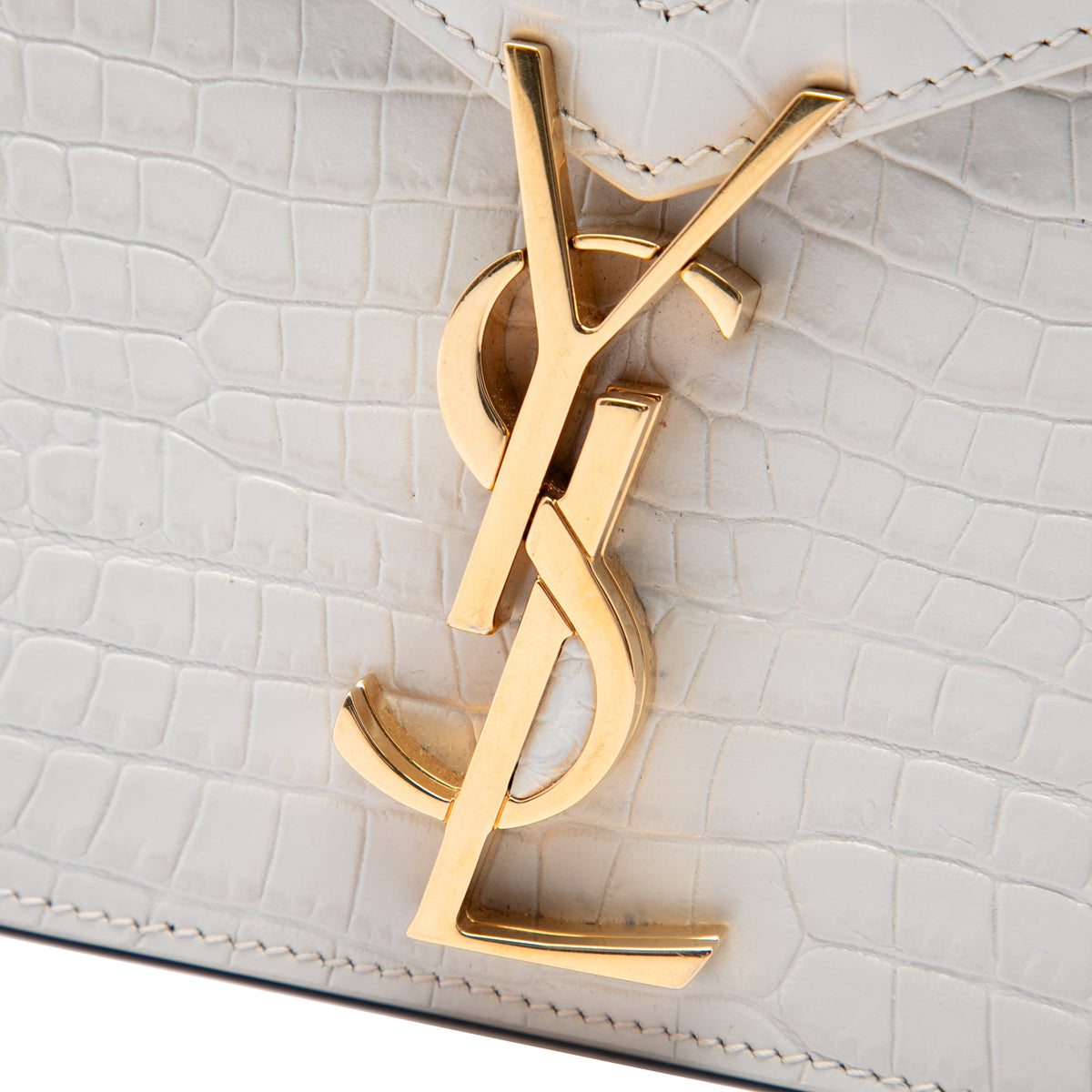 Saint Laurent Croc Embossed Leather Monogram Cassandra Clasp Bag — White
