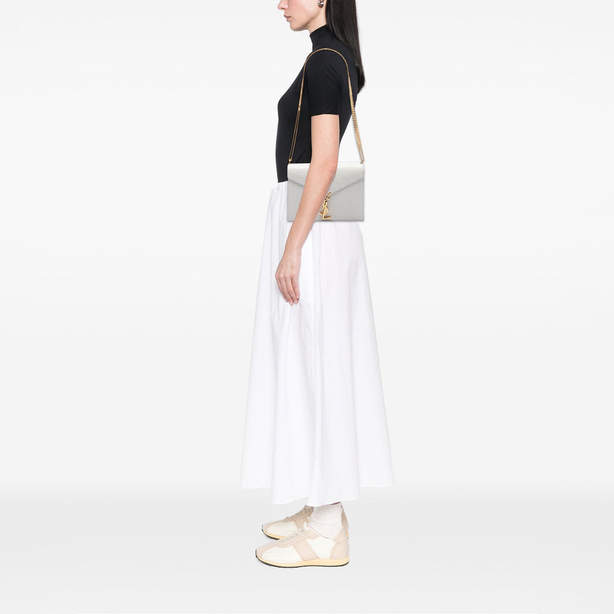 Saint Laurent Croc Embossed Leather Monogram Cassandra Clasp Bag — White