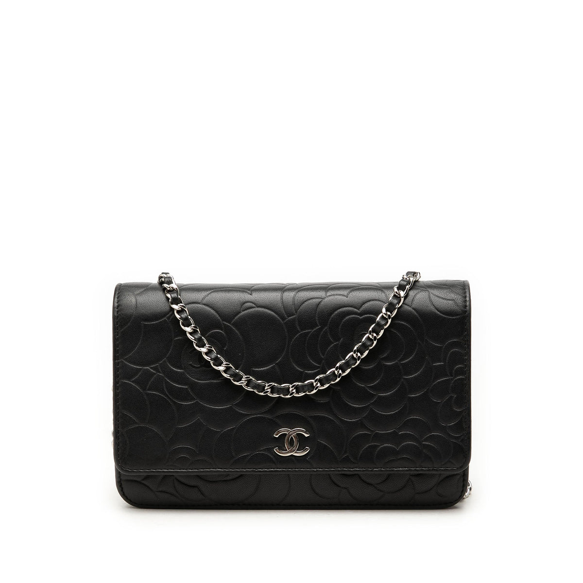 Chanel CC Embossed Lambskin Camellia Wallet On Chain — Black