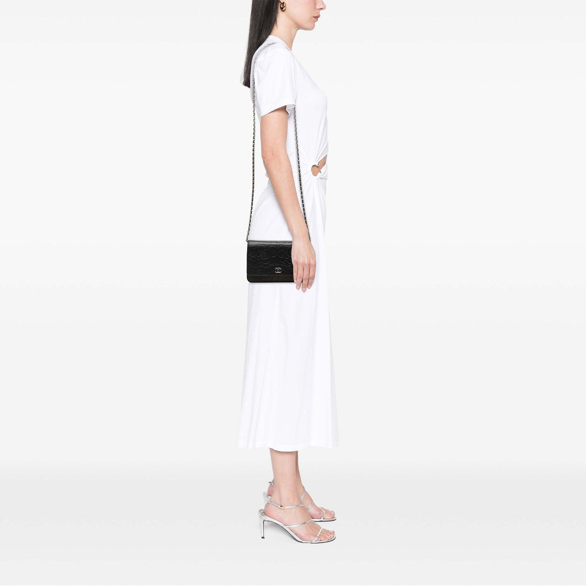 Chanel CC Embossed Lambskin Camellia Wallet On Chain — Black
