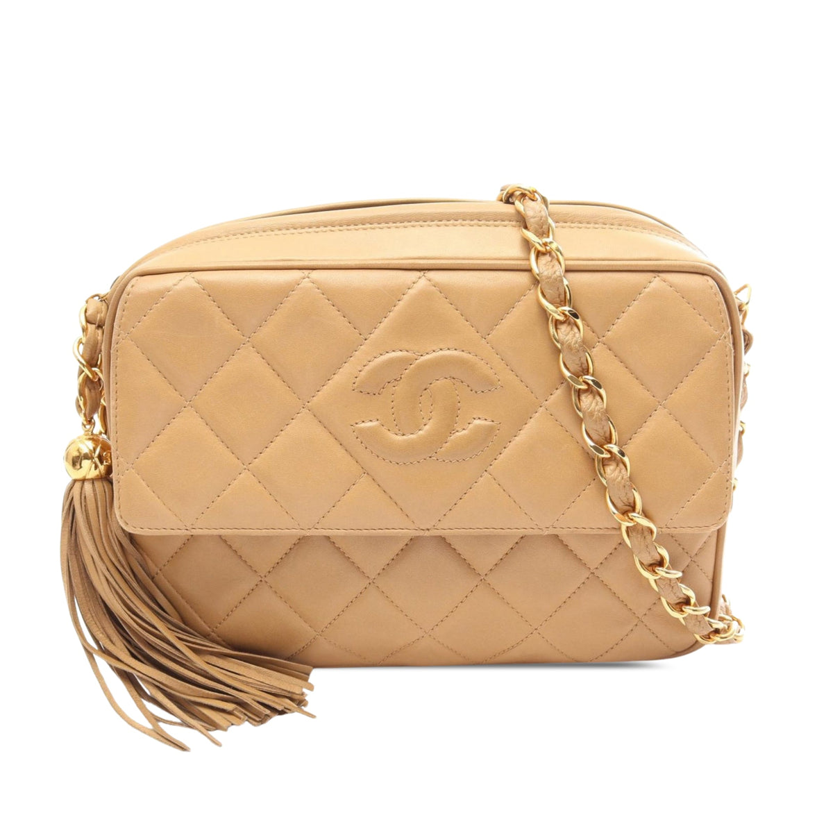 Chanel CC Quilted Lambskin Tassel Camera Bag — Beige
