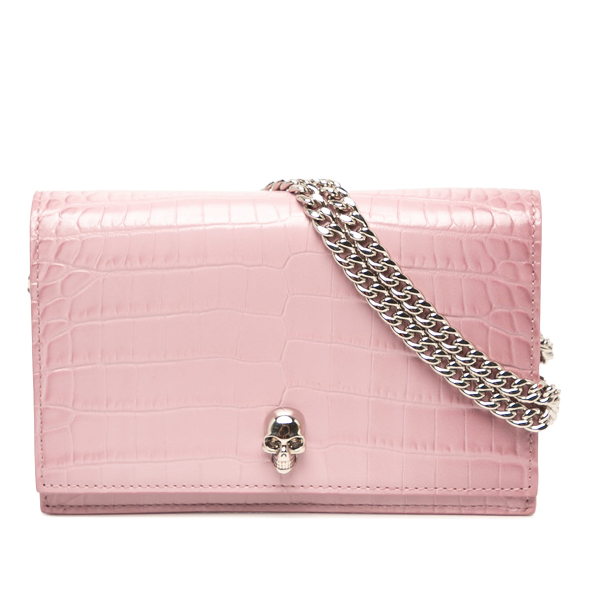 Alexander McQueen Small Crocodile Embossed Calfskin Skull Crossbody — Pink