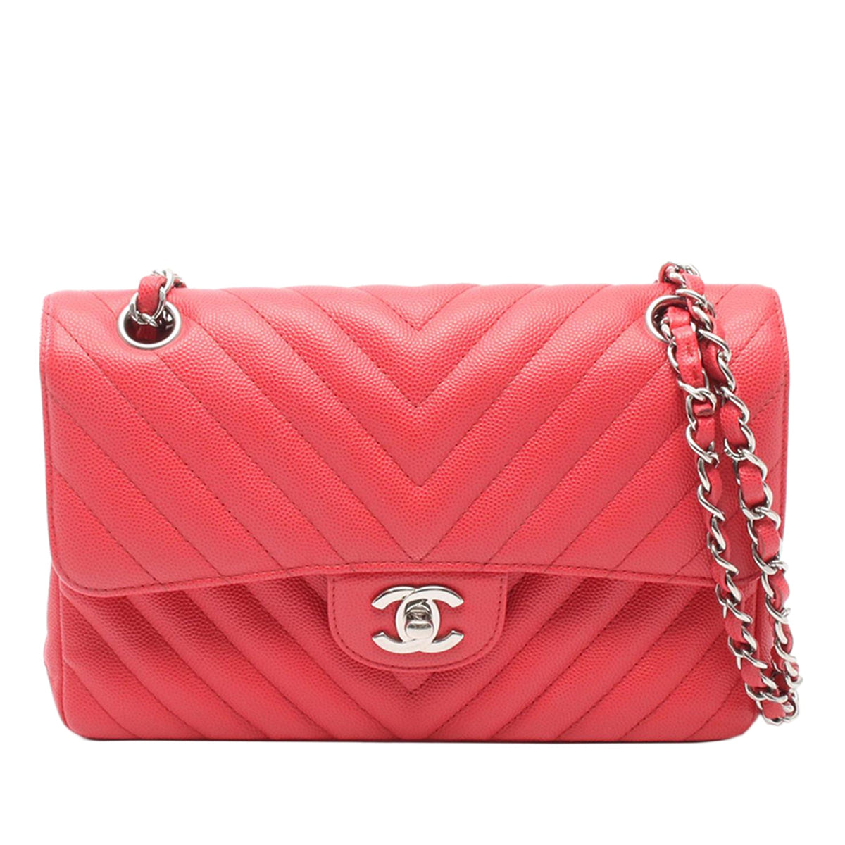 Chanel Medium Classic Chevron Caviar Double Flap — Red