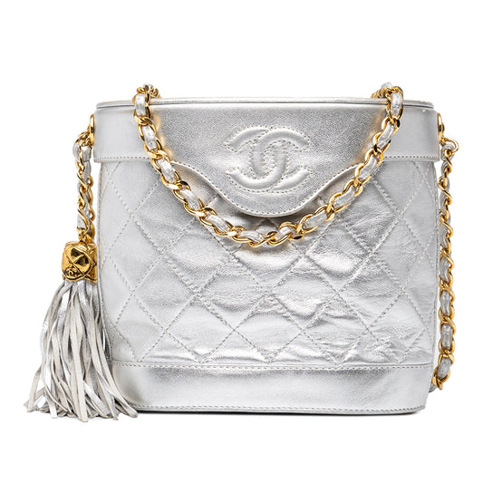 Chanel CC Quilted Metallic Lambskin Tassel Binocular Bag — Silver