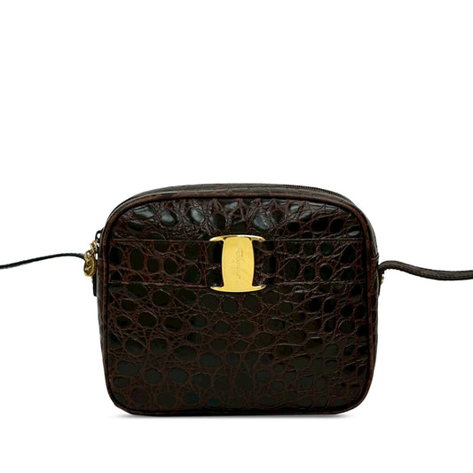 Ferragamo Croc Embossed Leather Vara Crossbody