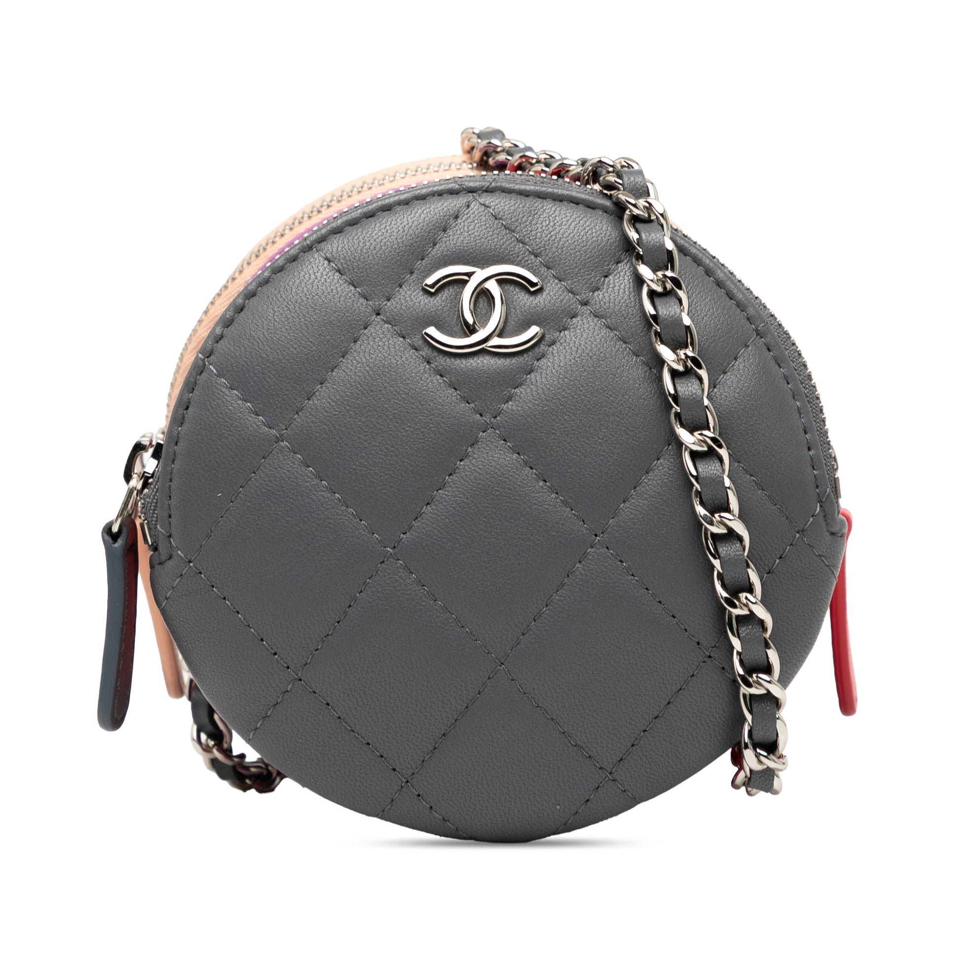 Chanel CC Quilted Lambskin Triple Zip Round Clutch With Chain