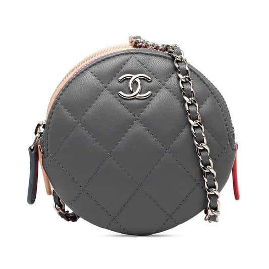 Chanel CC Quilted Lambskin Triple Zip Round Clutch With Chain
