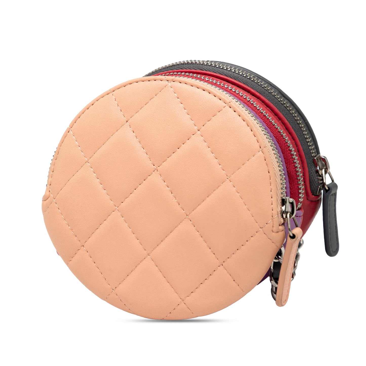 Chanel CC Quilted Lambskin Triple Zip Round Clutch With Chain