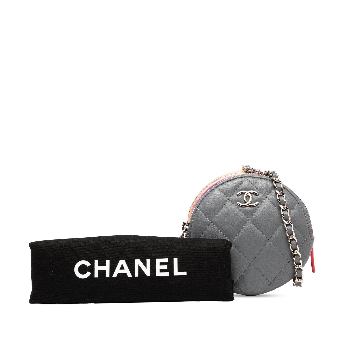 Chanel CC Quilted Lambskin Triple Zip Round Clutch With Chain