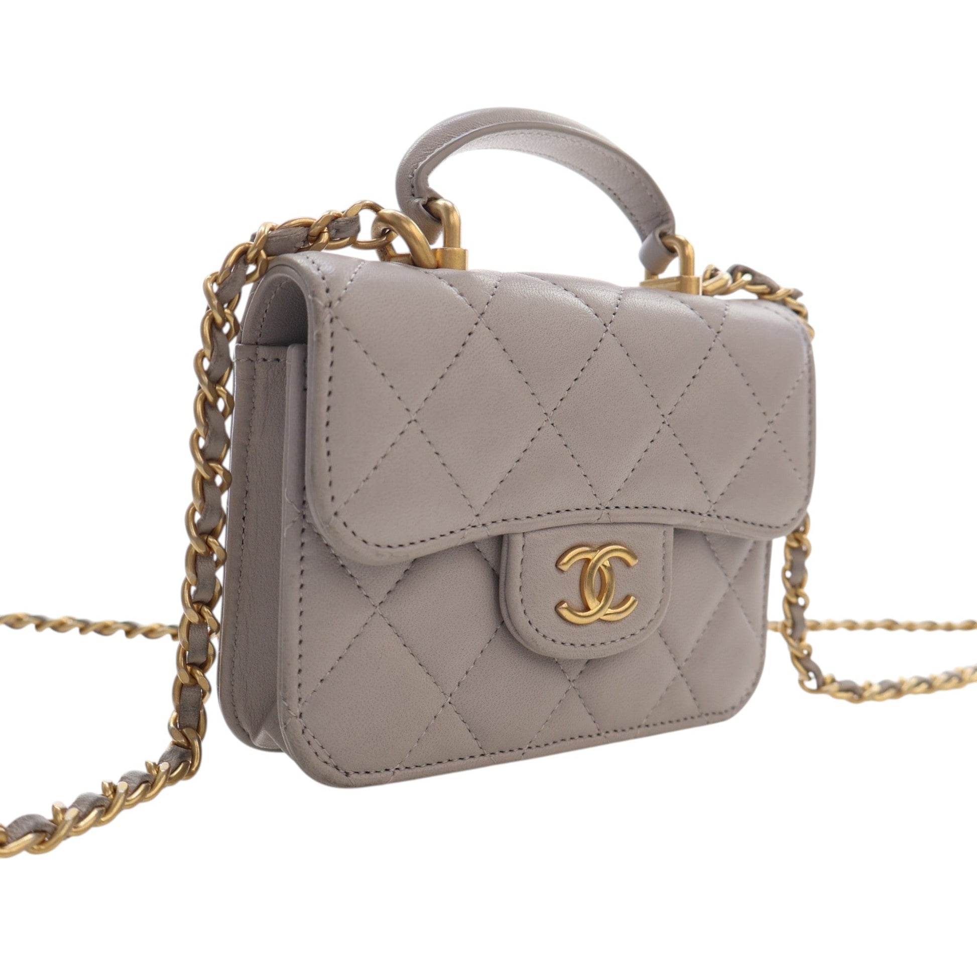 Chanel Mini Quilted Lambskin Top Handle Card Holder with Chain
