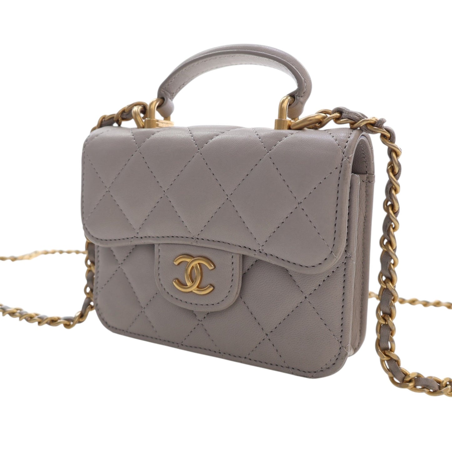 Chanel Mini Quilted Lambskin Top Handle Card Holder with Chain