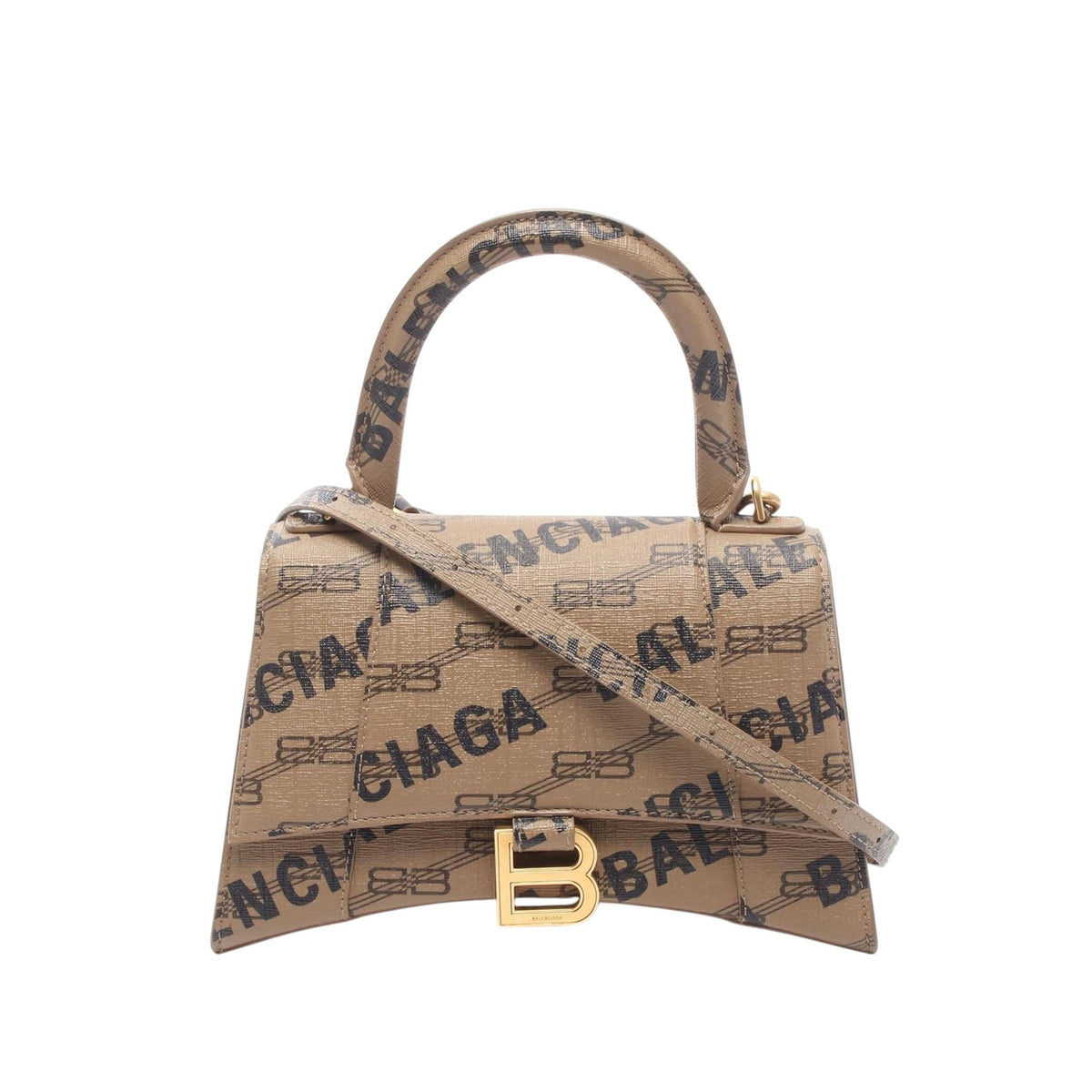 Balenciaga Small BB Monogram Coated Canvas Hourglass Top Handle Bag — Brown