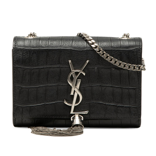 Saint Laurent Small Croc Embossed Leather Monogram Kate Tassel Crossbody