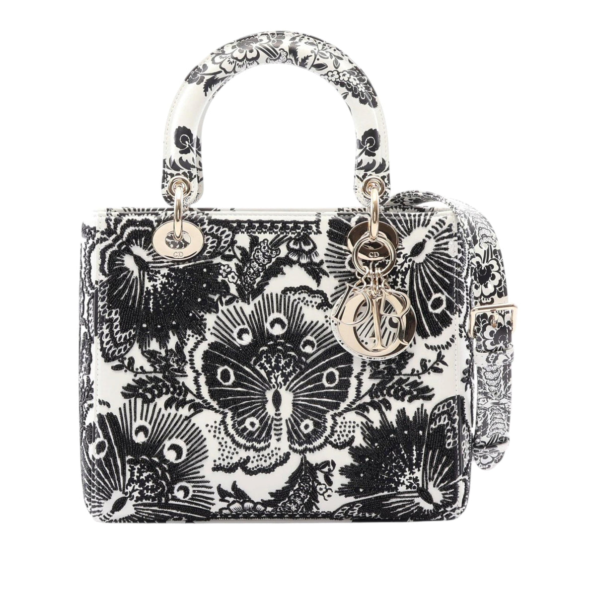 Dior Mini Calfskin Embroidered and Beaded Lady Dior — White