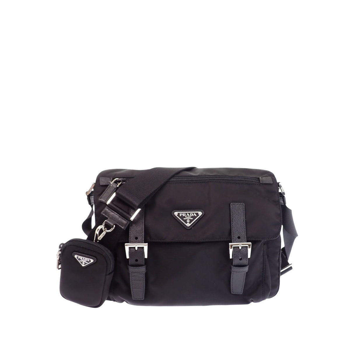 Prada Saffiano Trimmed Re Nylon Double Buckle Messenger Bag
