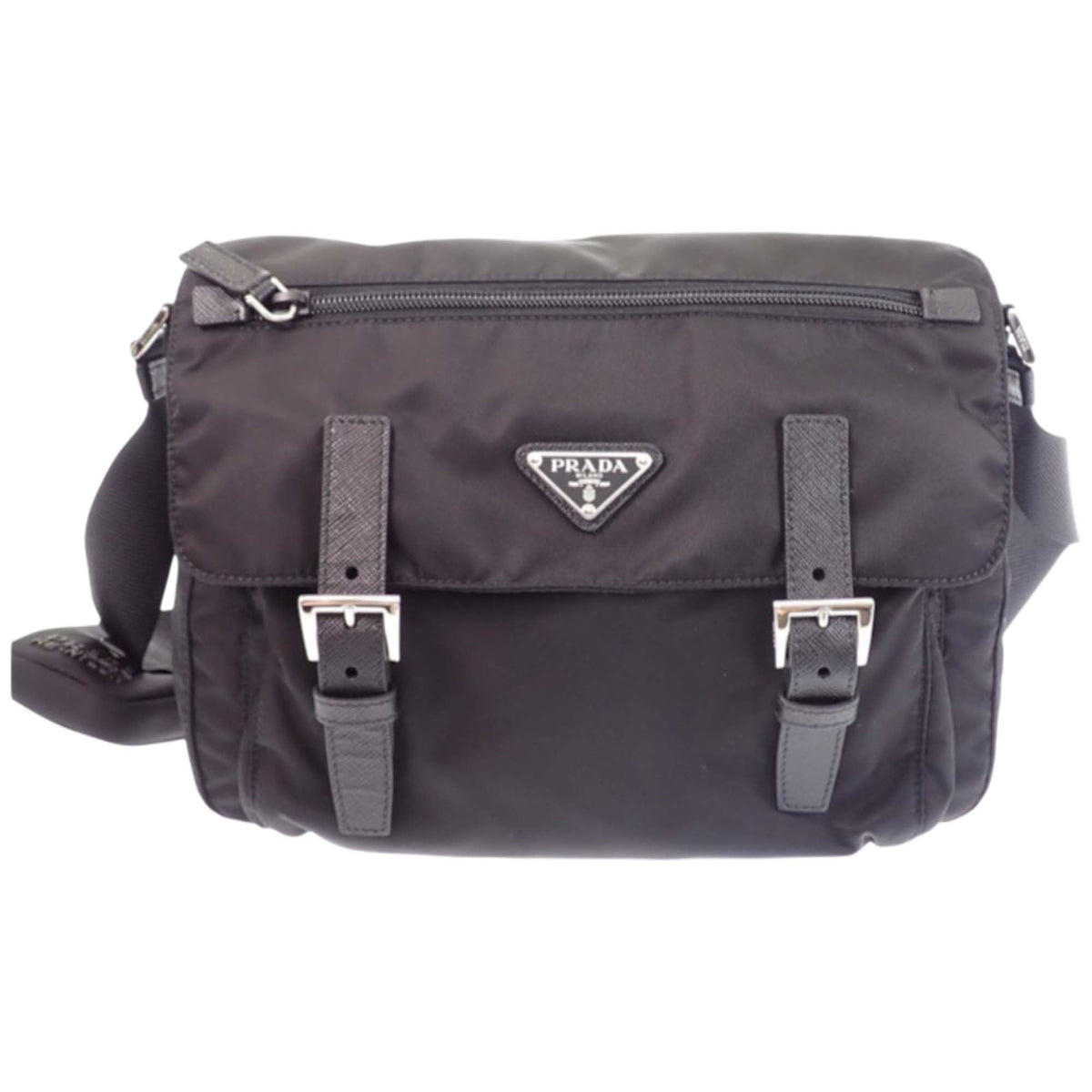 Prada Saffiano Trimmed Re Nylon Double Buckle Messenger Bag