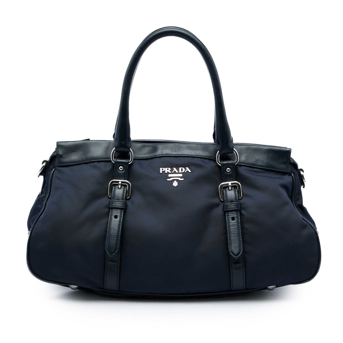 Prada Soft Calf Trimmed Tessuto Zip Top Satchel — Blue