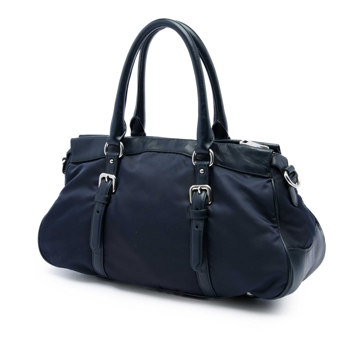 Prada Soft Calf Trimmed Tessuto Zip Top Satchel — Blue