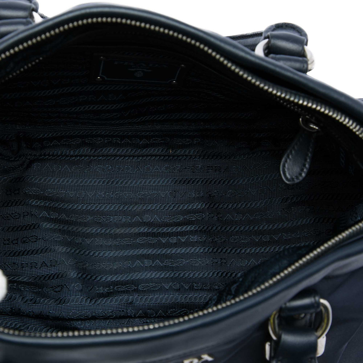 Prada Soft Calf Trimmed Tessuto Zip Top Satchel — Blue