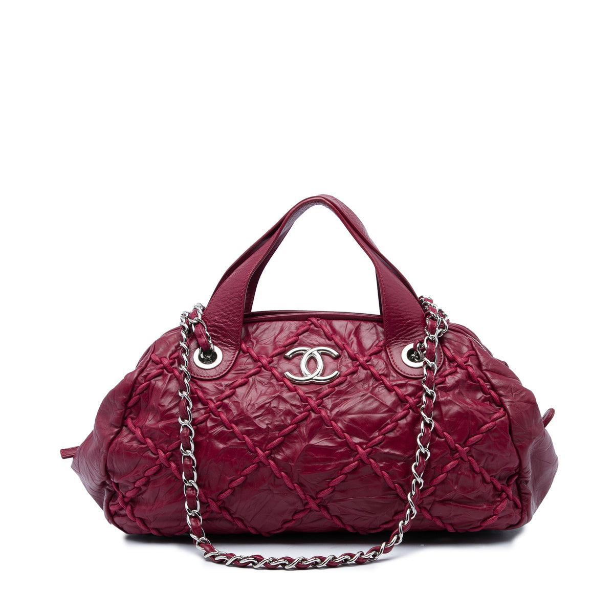 Chanel CC Quilted Crinkled Calfskin Ultra Stitch Bowling Bag — Red