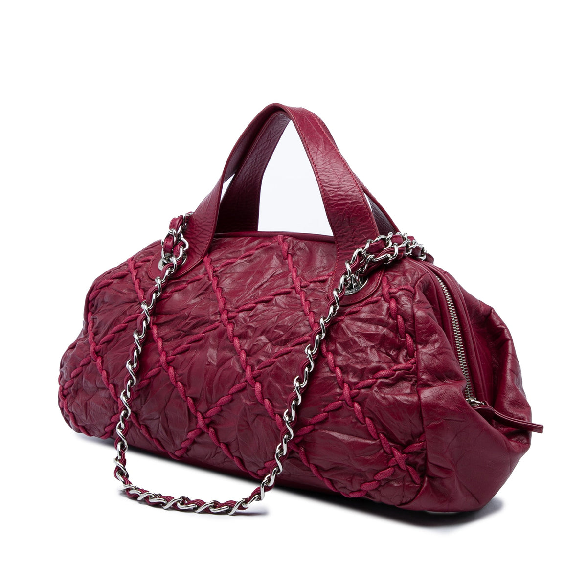 Chanel CC Quilted Crinkled Calfskin Ultra Stitch Bowling Bag — Red