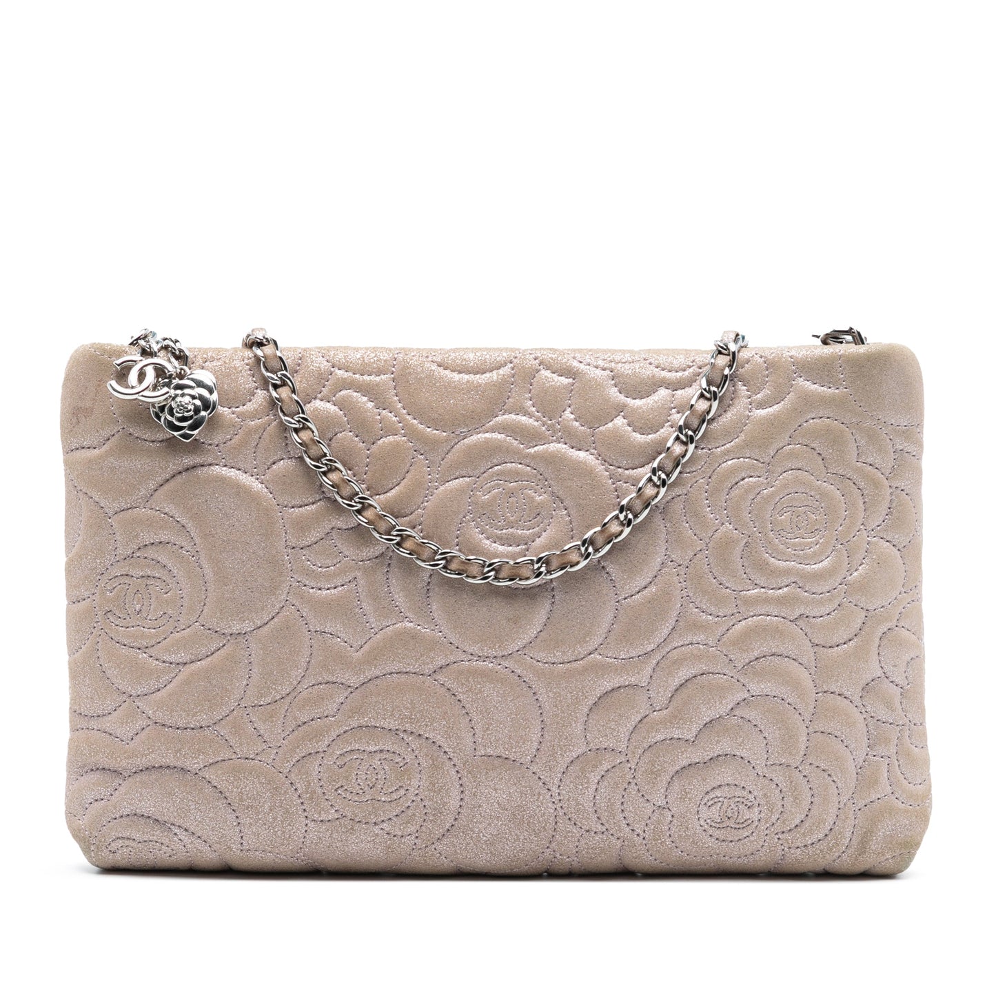 Chanel Embossed Metallic Lambskin Camellia Chain Pochette