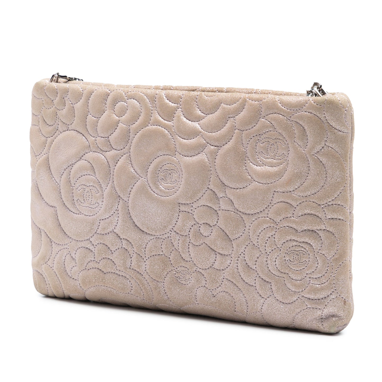 Chanel Embossed Metallic Lambskin Camellia Chain Pochette