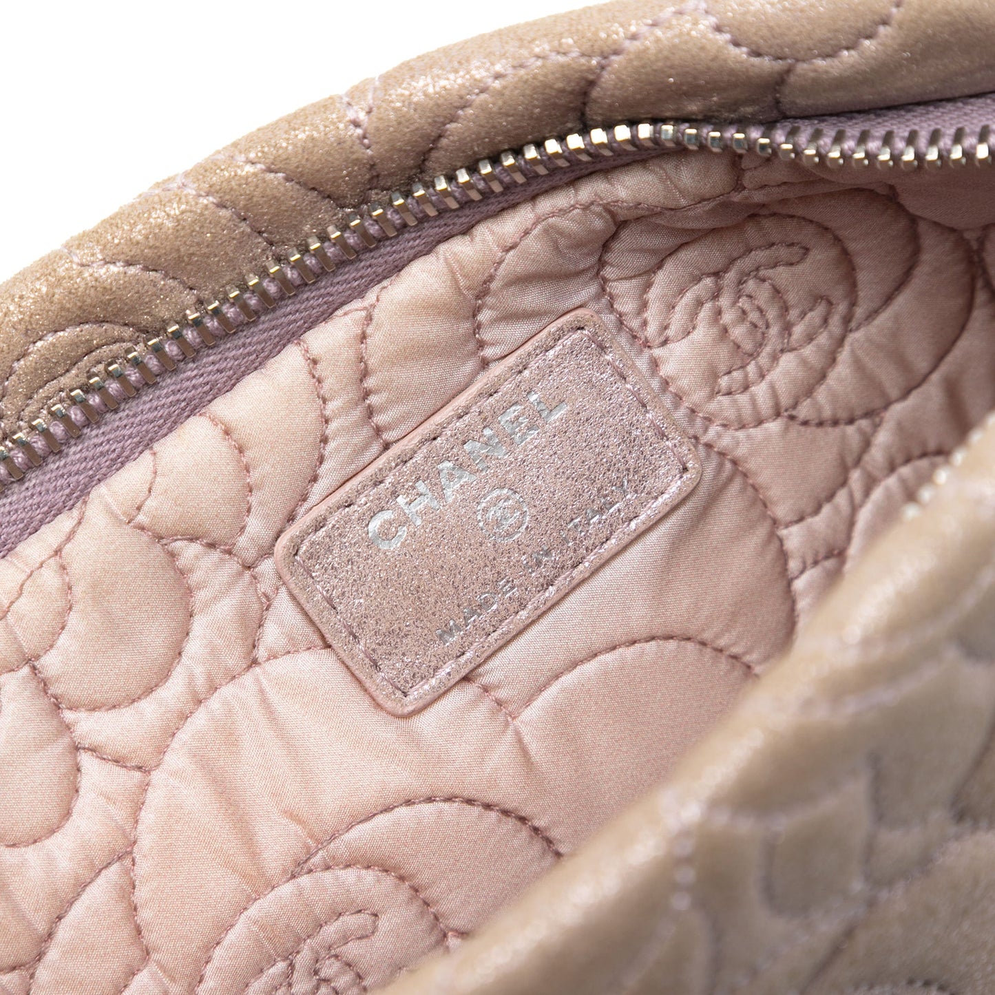 Chanel Embossed Metallic Lambskin Camellia Chain Pochette