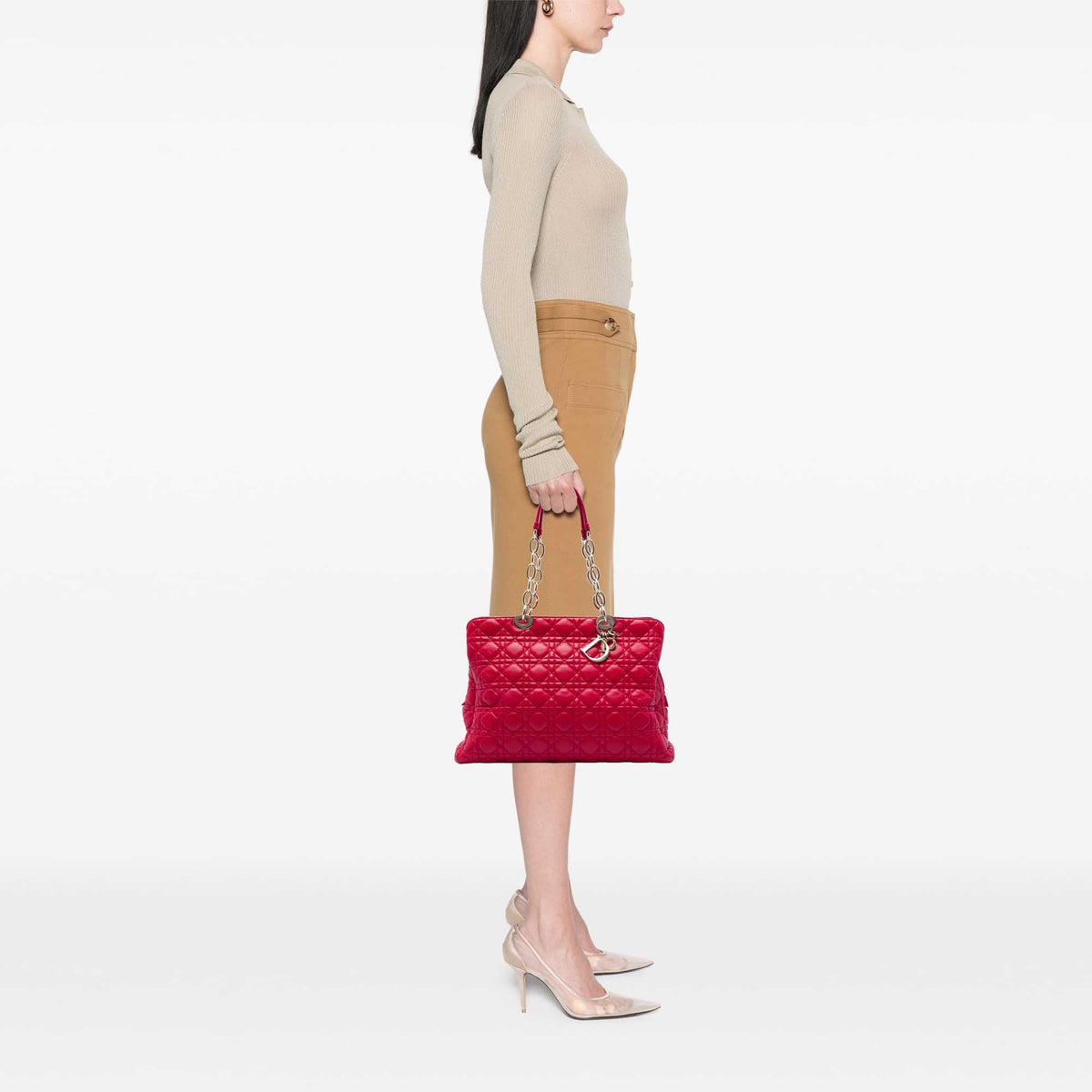 Dior Large Lambskin Cannage Soft Zipped Lady Dior Shopping Tote — Red