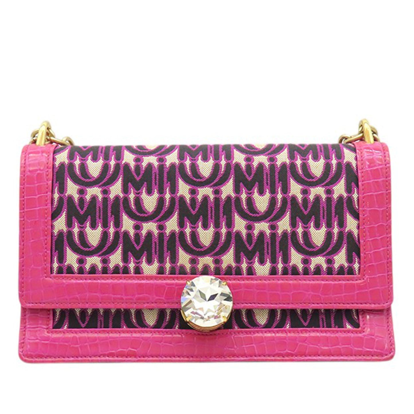 Miu Miu MM Paris Emiuticon Jacquard and Croc Embossed Patent Crystal Chain Crossbody